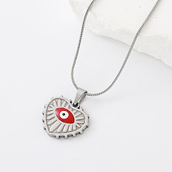 Red 304 Stainless Steel Enamel Evil Eye Heart Pendant Necklaces for Women, Stainless Steel Color, Red, 15.75 inch(40cm)