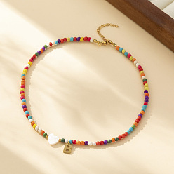 Letter B Ожерелья из круглых бусин в форме сердца из натуральных ракушек и разноцветных стеклянных семян, ожерелья шкентеля, 304 колье из нержавеющей стали, золотые, В письме, 15.35 дюйм (39 см)