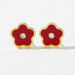 Красный Цветок ко Дню святого Валентина 201 Серьги-гвоздики из нержавеющей стали, золотые, с эмалью, красные, 12x13 мм