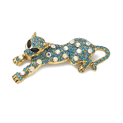 Indicolite Alloy Rhinestone Brooches, Leopard, Antique Golden, Indicolite, 36x69mm