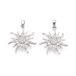 Платина Латунные микропаве прозрачные подвески с фианитом, солнечные чары, платина, 22.5x20x3 мм, отверстие : 4.5x2 мм