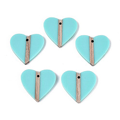 Средний Бирюзовый Кулоны из непрозрачной смолы и дерева, сердце, средне бирюзовый, 28~28.2x29.8x3.3 мм, отверстие : 2 мм