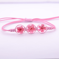 Ярко-Розовый Прозрачные стеклянные плоские круглые бусины из сушеных цветов, плетеные браслеты из бусин, плетеные браслеты из вощеного шнура для женщин, ярко-розовый, 5.91~11.81 дюйм (15~30 см)