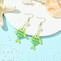 Green 304 Stainless Steel with Glass Cylinder Seed Beads Dangle Earrings, Fish, Real 18K Gold Plated, Green, 67x24.5mm