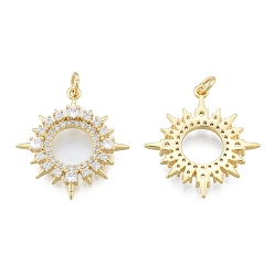 Настоящее золото 18K Латунные микропаве прозрачные подвески с фианитом, без кадмия и без свинца, с прыжковых колец, солнце, реальный 18 k позолоченный, 25.5x23x2.5 мм, отверстие : 3 мм