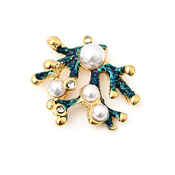 Настоящее золото 18K 304 из нержавеющей стали горный хрусталь подвески, подвески в форме коралла, с abs имитационными жемчужными бусинами , Эмаль стиле, ионное покрытие (ip), реальный 18 k позолоченный, 24x26x7 мм, отверстие : 1.5 мм