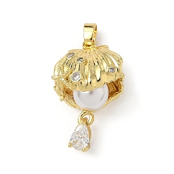 Настоящее золото 18K Латунные микро проложить кубического циркония подвески, форма ракушки с каплей, с abs имитационными жемчужными бусинами , реальный 18 k позолоченный, 23x15x10.5 мм, отверстие : 3x4 мм