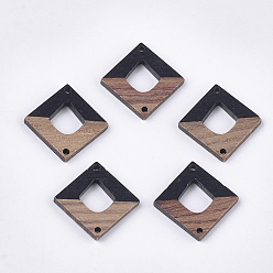 Black Resin & Walnut Wood Links connectors, Rhombus, Black, 27.5x27.5x3~3.5mm, Hole: 2mm