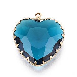 Стально-синий Прозрачные стеклянные подвески, сердце, с латунной кромкой, граненые, стальной синий, 30~32x28~28.5x8.5~9.5 мм, отверстие : 2.2~2.4 мм