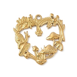 Настоящее золото 18K 304 подвески из нержавеющей стали, подвески в виде грибной гирлянды в форме сердца, ионное покрытие (ip), реальный 18 k позолоченный, 30x29x2 мм, отверстие : 2 мм