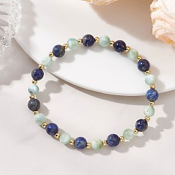 Ляпис-Лазурь Эластичные браслеты из натурального лазурита и круглых стеклянных бусин для женщин и мужчин., с латунным, бусины : 6~6.5 мм, внутренний диаметр: 2.30 дюйм (5.85 см)