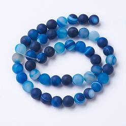 Royal Blue Natural Grade A Striped Agate/Banded Agate Beads Strands, Dyed & Heated, Frosted, Round, Royal Blue, 6mm, Hole: 1mm, about 62pcs/strand, 14.9 inch(38cm)