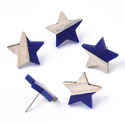 Dark Blue Resin & Wood Stud Earrings, with 304 Stainless Steel Pin, Star, Dark Blue, 17x18mm, Pin: 0.7mm
