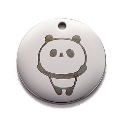 Edelstahl Farbe Anlaufgeschützter Edelstahl-Anhänger, flach rund mit Panda, Edelstahl Farbe, 20x1 mm, Bohrung: 1.6 mm