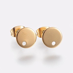 Golden Ion Plating(IP) 304 Stainless Steel Stud Earring Findings, with Loop and Flat Plate, Ear Nuts/Earring Backs, Flat Round, Golden, 10x1mm, Hole: 1.2mm, Pin: 0.8mm