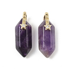 Améthyste Pendentifs à double extrémité en améthyste naturelle, Breloques en forme de balle facettée avec étoile pavée de zircon cubique transparent en laiton, réel 18 k plaqué or, sans cadmium et sans plomb, crémaillère plaquage, plaqué longue durée, 21~22x12~13x8.5~9mm, Trou: 0.8~1.5x6.5mm