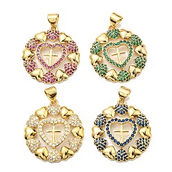 Real 18K Gold Plated Rack Plating Brass Cubic Zirconia Pendants, Lead Free & Cadmium Free, Long-Lasting, Flat Round, Real 18K Gold Plated, 24x22x3mm, Hole: 5.5x3.5mm