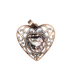 Родонит Ретро полые подвески из натурального родонита, Сердце подвески, с красной медной металлической фурнитурой, 30x30x8 мм