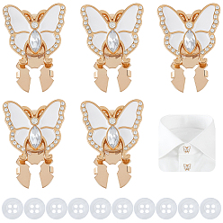 White Alloy & Enamel & Rhinestone Cufflinks, Butterfly, with 4-Hole Plastic Buttons, White, 11.5~21.5x11.5~22.5x2~9mm, 15pcs