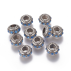 Сапфир Сплавочные европейские бусины, со стразами, бусины с большим отверстием, рондель, античное серебро, сапфир, 13x7 мм, отверстие : 5 мм