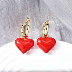 Настоящее золото 18K Латунные качают серьги, сердце, с эмалью, реальный 18 k позолоченный, 36x19 мм