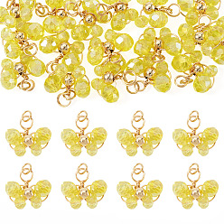 Gelb 20pcs Glasanhänger, Schmetterling, mit 304 Biegeringen aus Edelstahl, facettiert, Gelb, 17x15.4 mm