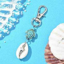 Светло-Голубой Кулон раковины украшения, с синтетической бирюзой, окрашенной в черепаховый цвет, и поворотными застежками-карабинами из сплава, Небесно-голубой, 73~75 мм