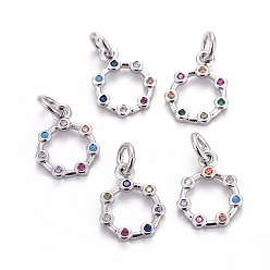 Platinum Brass Micro Pave Cubic Zirconia Charms, with Jump Rings, Ring, Colorful, Platinum, 12x10x1.5mm, Hole: 2.5mm