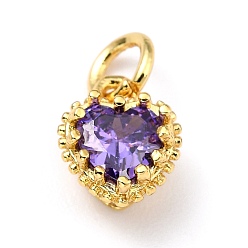 Blue Violet Brass Micro Pave Mixed Color Cubic Zirconia Pendants, Real 18K Gold Plated, Long-Lasting Plated, Heart, Blue Violet, 9.3x7.4x5.5mm, Hole: 3mm