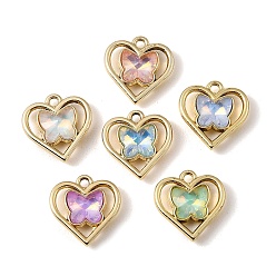 Oro Colgantes de vidrio de aleación de chapado uv, Mariposa en un dije de corazón, facetados, color mezclado, dorado, 16.5x16x5 mm, agujero: 1.6 mm