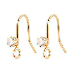 Настоящее золото 18K Крючки для сережек из латуни с прозрачным фианитом, без никеля , плоско-круглые, с петлей, реальный 18 k позолоченный, 15x3.5 мм, отверстие : 2 мм, штифты : 0.9 мм