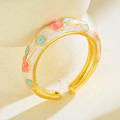 Floral White Brass Enamel Cuff Open Rings, Flower, Golden, Floral White, 15~20mm