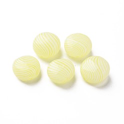 Lemon Chiffon Handmade Blown Glass Globe Beads, Stripe Pattern, Flat Round, Lemon Chiffon, 15~16x9~10mm, Hole: 0.6~2mm