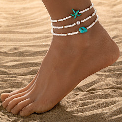 Белый 3шт. браслеты на ногу из синтетического бирюзового стекла с морскими звездами для пляжа, белые, внутренний диаметр: 2-3/8 дюйм (60 мм)