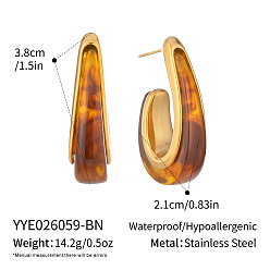 Peru 304 Stainless Steel Resin Stud Earrings for Women, Half Hoop Earrings, Golden, Peru, 38x21mm