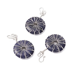 Blue Goldstone Synthetic Blue Goldstone Big Pendants, with Platinum Plated Brass Wires Wrapped, Flat Round, 50~53.5x30~31x7.5mm, Hole: 7.55mm