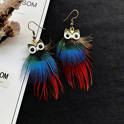 Colorful Alloy Enamel Dangle Earrings for Women, Owl, with Feather, Colorful, 58x40mm