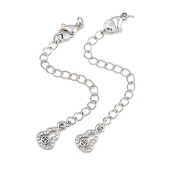 Platinum Brass Curb Chain Extender, End Chains with Lobster Claw Clasps and Cubic Zirconia Charms, Gourd, Platinum, 75mm, Hole: 2.4mm