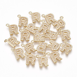 Letter R Brass Cubic Zirconia Charms, Letter, Clear, Real 18K Gold Plated, Letter.R, 10x8x1.5mm, Hole: 1mm