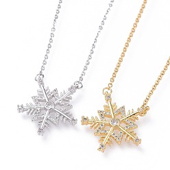 Golden & Stainless Steel Color 304 Stainless Steel Pendant Necklaces, with Cubic Zirconia, Cable Chains and Lobster Claw Clasps, Christmas Snowflake, Clear, Golden & Stainless Steel Color, 18.1 inch(46cm), 1.5mm