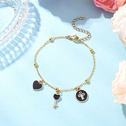 Черный Латунные плоские овальные кабельные цепные браслеты, сплав эмали подвески браслеты с подвесками для женщин, сердце и ключ и плоский круг с крестом, чёрные, 7-1/8 дюйм (18.1 см)