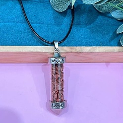 Камень с Пылевым Золотом Кулон из цинкового сплава в виде шестиугольной стеклянной бутылки с внутренними вставками из синтетического золотистого камня, ожерелье из черной искусственной кожи., платина, 19.69 дюйм (50 см)