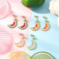 Mixed Shapes 304 Stainless Steel Glass Fruit Dangle Stud Earrings, with Acrylic Leaf, Golden, Mixed Shapes, 42~43.5x19.5mm, 3pairs/set