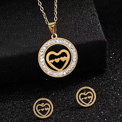 Сердце Кольцо 201 ожерелья и серьги-гвоздики из нержавеющей стали с кристаллами и стразами, золотые, сердце, 450 мм