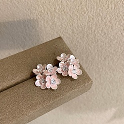 Pink Женские серьги-гвоздики в виде цветка из латуни с микропаве из кубического циркония, с эмалью, платина, розовые, 25 мм