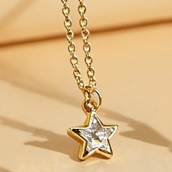 Golden Brass Pave Clear Cubic Zirconia Star Pendant Necklaces for Women, Golden, 17.72 inch(45cm), Pendant: 10x8mm