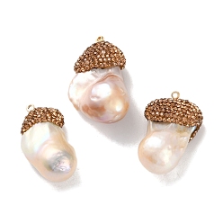 Золотой Подвески из латуни с топазом и стразами, натуральные жемчужины Кеши самородки амулеты, долговечный, золотые, 32x17x13.5 мм, отверстие : 1.6 мм