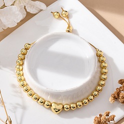 Настоящее золото 18K Латунные ползунковые браслеты с покрытием стойки, Долговечные регулируемые браслеты с позолоченными сердечками и круглыми бусинами для женщин, без кадмия и без свинца, реальный 18 k позолоченный, 10-1/4~10-5/8 дюйм (26~27 см)