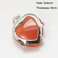 Tomato Cat Eye Pendants, with Brass Findings, Heart, Platinum Color, Tomato, 23x21x9mm, Hole: 5x4mm