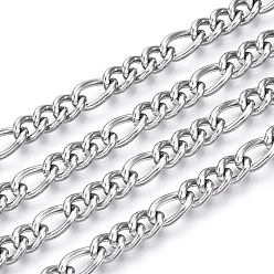 Stainless Steel Color Tarnish Resistant 304 Stainless Steel Curb Chains, Figaro Chains, with Spool, Unwelded, Stainless Steel Color, 7.5x6x3mm and 11x6x3mm, about 82.02 Feet(25m)/roll
